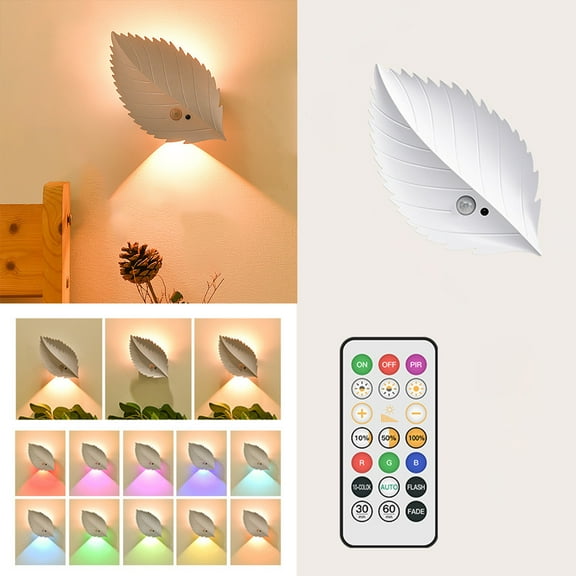 Darzheoy Leaf Sensor Night Light with Remote Control - Magnetic Self-Adhesive less LED Bedside Lamp, Motion Activated Dimmable for Bedroom & Hallway, White-B