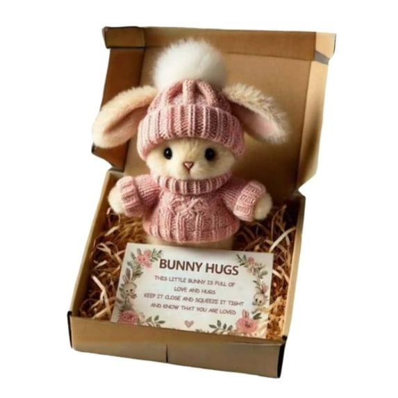 Darzheoy Mini Bunny Hug Cute Easter Gift, Easter Plush Bunny with Knitted Hat and Pom Poms, Crochet Bunnies Doll with Inspirational Card, Handmade Emotional Positive Bunnies