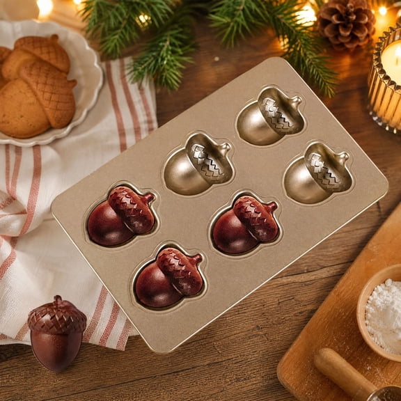 Darzheoy Nut Shaped Baking Pan, 2 Pcs 6 Cavity Non Stick Stainless Steel Cake Chocolate Mold Tray, 10.43 x 6.89 Inch for Thanksgiving Fall Baking, Gold
