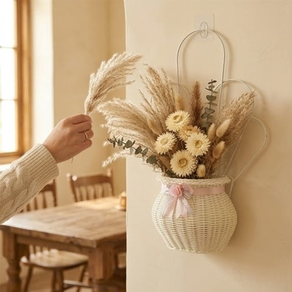 Darzheoy Scalloped Wall Basket, Plastic Vine-Inspired Woven Wall Mounted Vase, No Drilling Required Flower Basket Hanging Pot, Suitable for Living Room, Garden, Patio, Home, Wall Decor