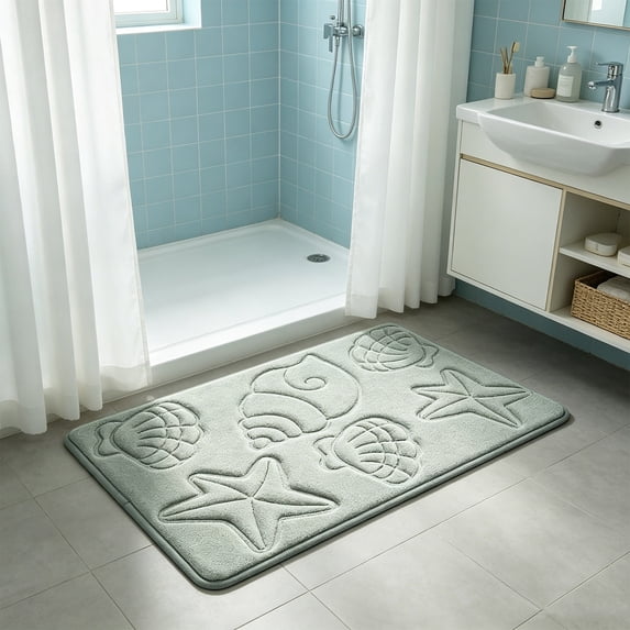 Darzheoy Seashell Bath Mat, Embossed Soft Absorbent Bathroom Rug, Water Absorbing Door Mat, Quick Dry Bathroom Mat for Shower, Sink, Bedroom, Entryway, Laundry Room