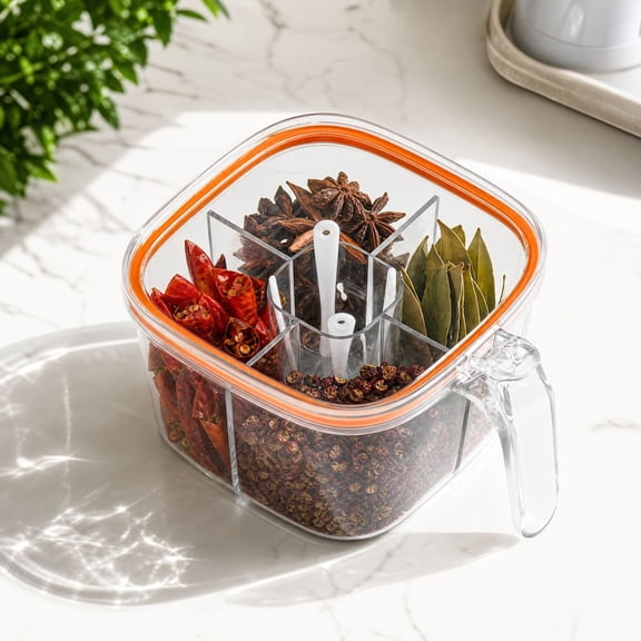 Darzheoy Seasoning Storage Container, 5 Compartment Spice Organizer Case, Kitchen Condiment Holder Box with Handle, Pantry Cabinet Counter Organizer for Kitchen