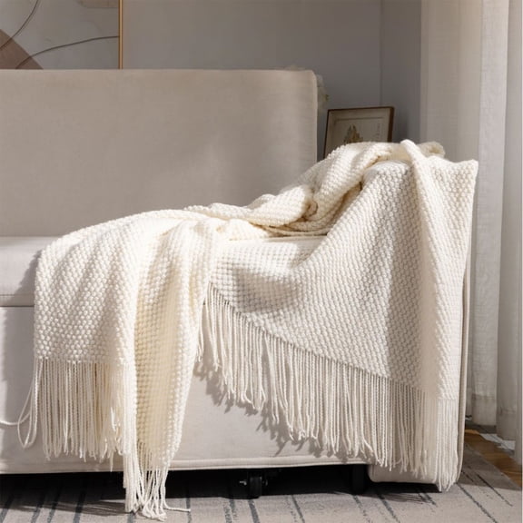 Darzheoy Soft Fringe Blanket - Breathable Knit Throw for So, Air Conditioner & Afternoon Nap - Cozy Decorative Blanket 67x50 Inch - Easy Care Multi Functional Blanket, White