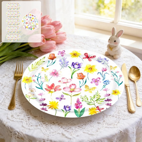 Darzheoy Spring Tulips Disposable Party Tableware Set, 16 Pcs 9-inch Paper Plates, Floral Theme Birthday Baby Shower Wedding Dinner Supplies