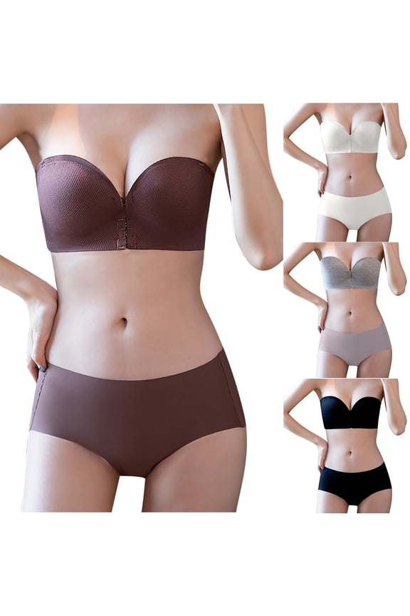 Strapless Underwear Set for Women Non-slip Gathering Anti-sagging Bras Traceless No Underwire Front Buckle Bra Sets S
