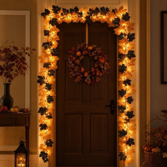 Darzheoy Thanksgiving Maple Leaf Vines, 69 Inch Artificial Deciduous Vines, Lighted Staircase Fireplace, Fall Decor, Dining Table Fireplace Decor for Staircase