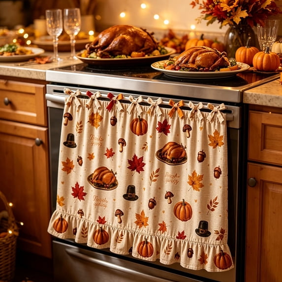 Darzheoy Thanksgiving Oven Door Skirt, Pumpkin Maple Leaf Turkey Ribbon Ties, Fall Decor Thanksgiving Indoor, Stove Decorative Curtain No-Drill for Home Kitchen