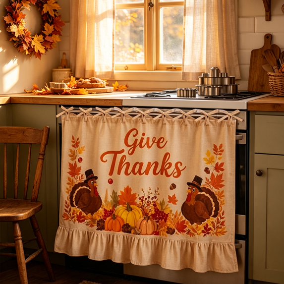 Darzheoy Thanksgiving Oven Door Skirt, Pumpkin Maple Leaf Turkey Ribbon Ties, Fall Decor Thanksgiving Indoor, Stove Decorative Curtain No-Drill for Home Kitchen