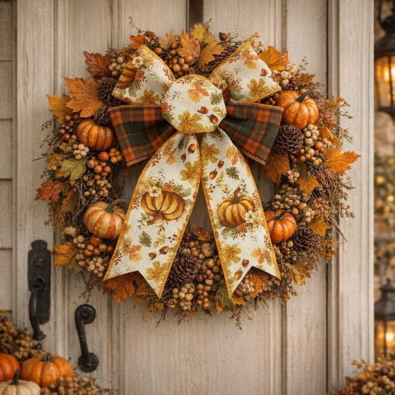 Darzheoy Thanksgiving Pumpkin Ribbon Bow, Autumn Harvest Hanging Ornament, Festive Swag Accent, Fall Decor for Front Door Wreath Staircase Window
