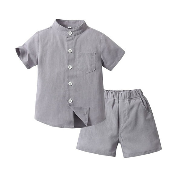 Darzheoy Toddler Boys Outfits Breathable Summer 2 Piece Button Stand Collar T-Shirt And Casual Elastic Waist Shorts Solid Color Short Sleeve Sets ,Size 9 Months-4 Years