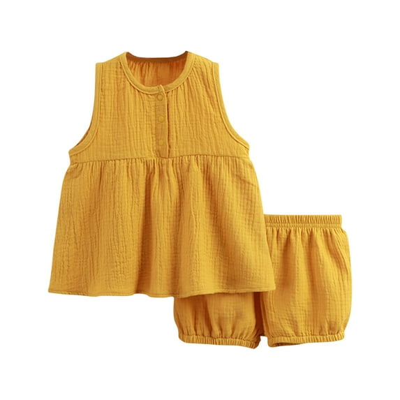 Darzheoy Toddler Girls Outfits Cotton Gauze Dress And Elastic Waist Shorts 2 Piece Solid Color Loose Casual Suspender Round Neck Sets ,Size 6 Months-3 Years