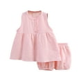 thumbnail image 1 of Darzheoy Toddler Girls Outfits Cotton Gauze Dress And Elastic Waist Shorts 2 Piece Solid Color Loose Casual Suspender Round Neck Sets ,Size 6 Months-3 Years, 1 of 3