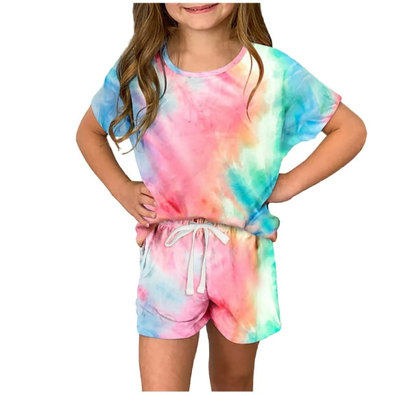 Darzheoy Toddler Girls Outfits Loose Tie-Dyed T-Shirt And Shorts Comfortable Round Neck Summer Short Sleeve Casual Printed Sets ,Size 3-13 Years