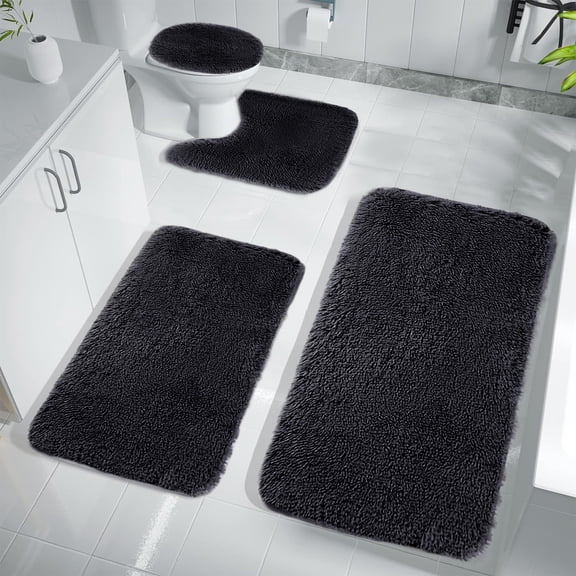 Darzheoy Toilet Mats Set 4 Piece Solid Color Bath Rugs, Soft Flocked Absorbent Non-Slip for Bathroom Floor Decor