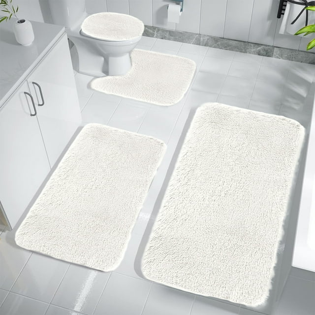 Darzheoy Toilet Mats Set 4 Piece Solid Color Bath Rugs, Soft Flocked Absorbent Non-Slip for Bathroom Floor Decor