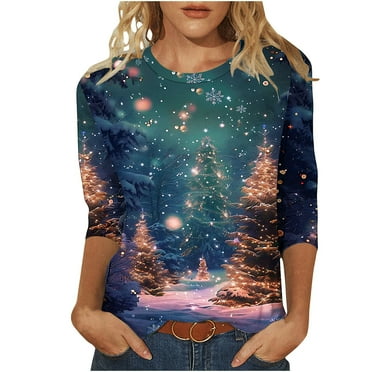 Darzheoy Womens Christmas Tops Casual Printed Round Neck Mid-Length 3/4 Sleeve Sweatshirts Drop Shoulder Loose Solid Color Graphic Blouses
