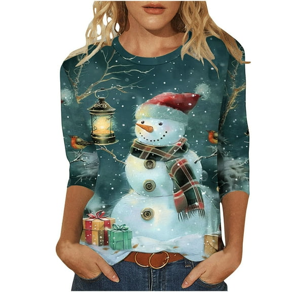 Darzheoy Womens Christmas Tops Casual Printed Round Neck Mid-Length 3/4 Sleeve Sweatshirts Drop Shoulder Loose Solid Color Graphic Blouses