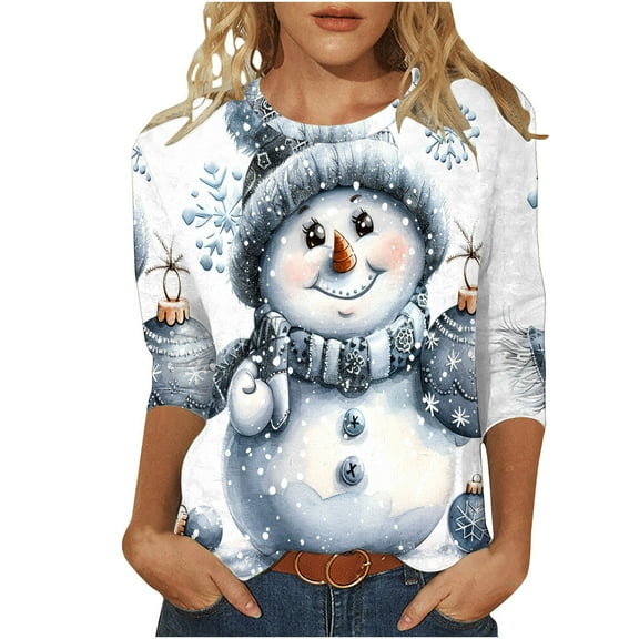 Darzheoy Womens Christmas Tops Casual Printed Round Neck Mid-Length 3/4 Sleeve Sweatshirts Drop Shoulder Loose Solid Color Graphic Blouses