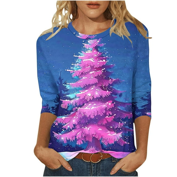 Darzheoy Womens Christmas Tops Casual Printed Round Neck Mid-Length 3/4 Sleeve Sweatshirts Drop Shoulder Loose Solid Color Graphic Blouses