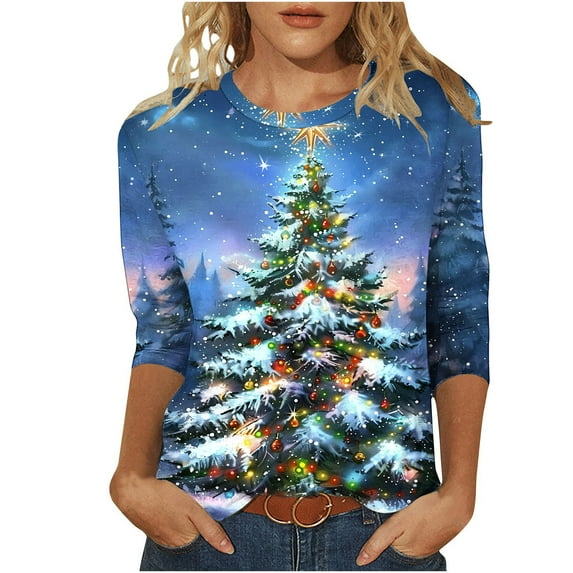 Darzheoy Womens Christmas Tops Casual Printed Round Neck Mid-Length 3/4 Sleeve Sweatshirts Drop Shoulder Loose Solid Color Graphic Blouses