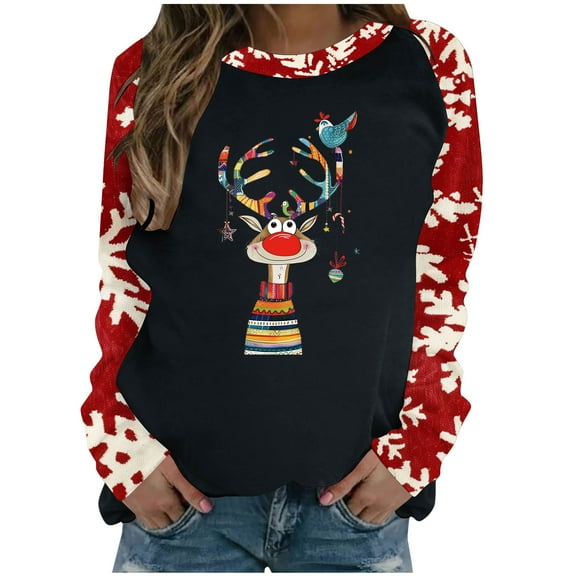 Darzheoy Womens Christmas Tops Fall Winter Long Sleeve Patchwork Color Graphic Pullover Fashion Sweatshirts Printed Loungewear Hoodless Blouses
