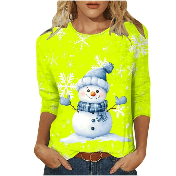 Darzheoy Womens Christmas Tops Mid-Length 3/4 Sleeve Lightweight Fall Winter Round Neck Hoodless Sweatshirts Printed Pullover Solid Color Graphic Loose Loungewear Blouses