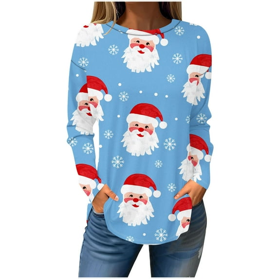 Darzheoy Womens Christmas Tops Printed Casual Fall Winter Patchwork Color Loose Sweatshirts Hoodless Loose Round Neck Long Sleeve Blouses