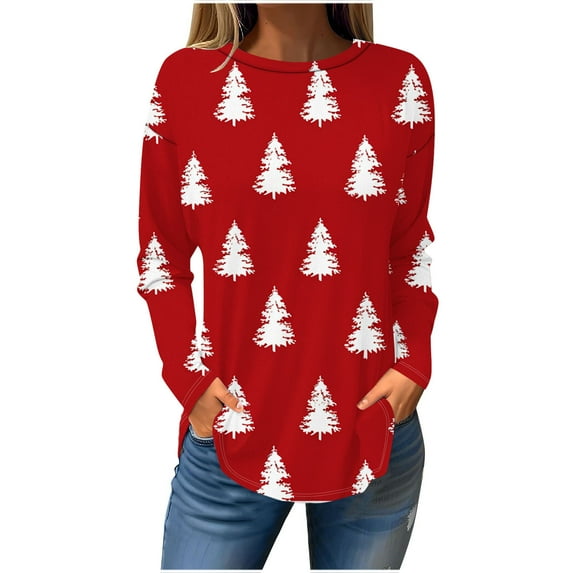 Darzheoy Womens Christmas Tops Printed Casual Fall Winter Patchwork Color Loose Sweatshirts Hoodless Loose Round Neck Long Sleeve Blouses