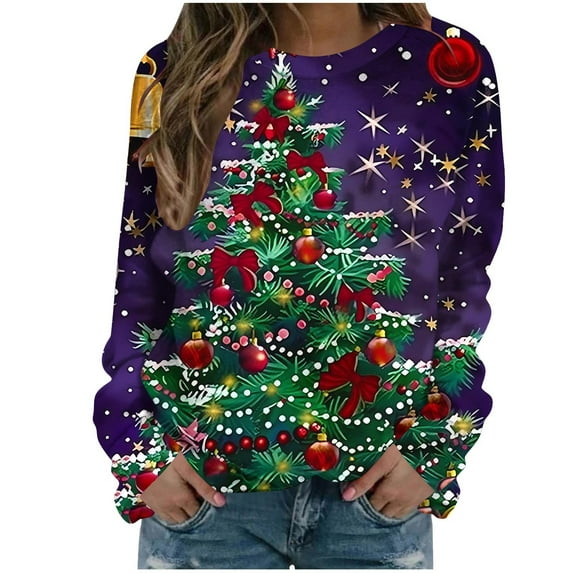 Darzheoy Womens Christmas Tops Star Suquins Fall Winter Round Neck Loose Casual Sweatshirts Printed Long Sleeve Fashion Seamless Drop Shoulder Hoodless Blouses