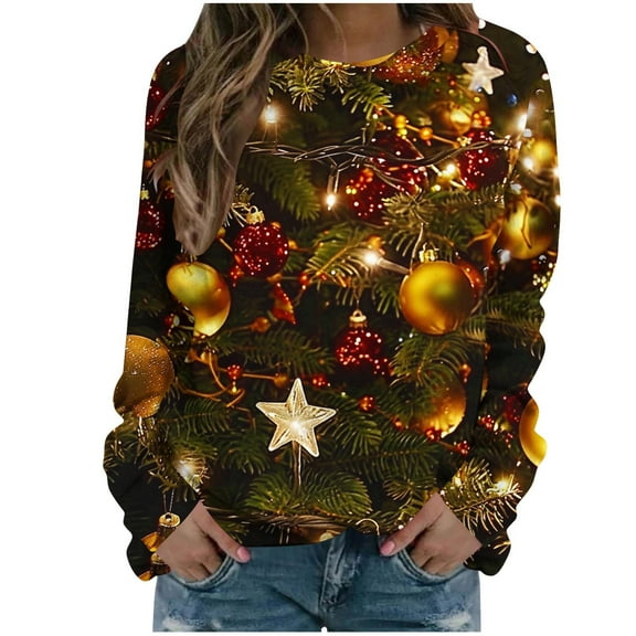 Darzheoy Womens Christmas Tops Star Suquins Fall Winter Round Neck Loose Casual Sweatshirts Printed Long Sleeve Fashion Seamless Drop Shoulder Hoodless Blouses