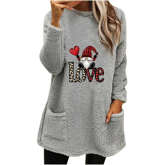 Darzheoy Womens Christmas Tops Thermal Fall Winter Casual Long Sleeve Plus Size Sweatshirts Printed Solid Color Graphic Round Neck Plush Thickened Hoodless Blouses