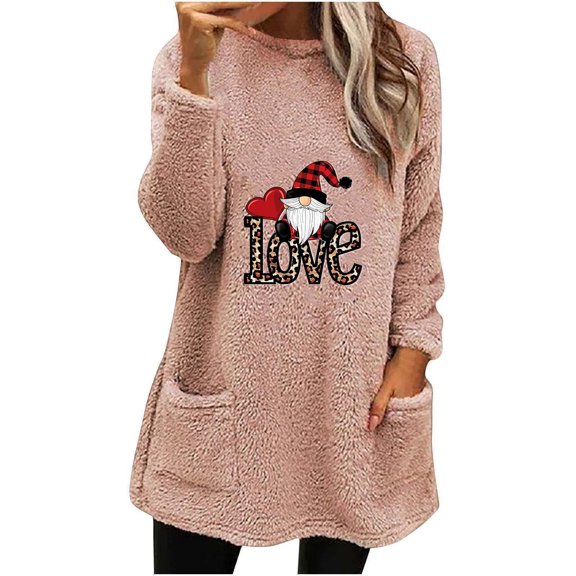 Darzheoy Womens Christmas Tops Thermal Fall Winter Casual Long Sleeve Plus Size Sweatshirts Printed Solid Color Graphic Round Neck Plush Thickened Hoodless Blouses