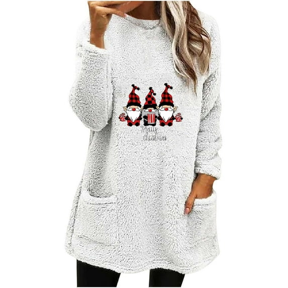 Darzheoy Womens Christmas Tops Thermal Fall Winter Casual Long Sleeve Plus Size Sweatshirts Printed Solid Color Graphic Round Neck Plush Thickened Hoodless Blouses