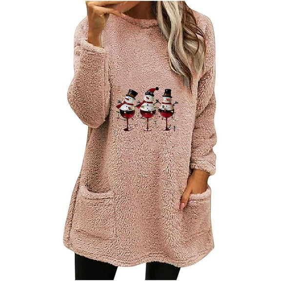 Darzheoy Womens Christmas Tops Thermal Fall Winter Casual Long Sleeve Plus Size Sweatshirts Printed Solid Color Graphic Round Neck Plush Thickened Hoodless Blouses