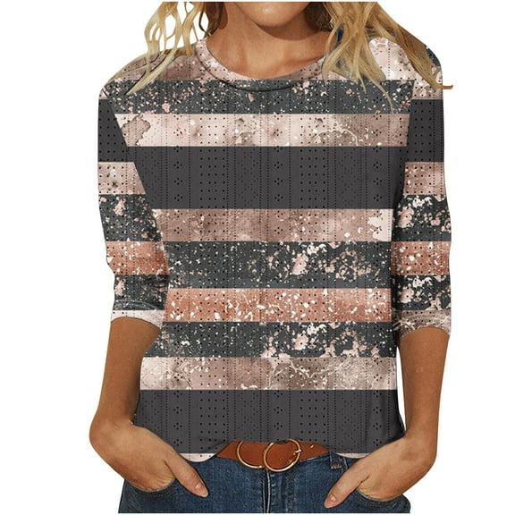 Darzheoy Womens Graphic Loose Round Neck Tops Blouses Mid-Length 3/4 Sleeve Fall Winter Blouse Shirt