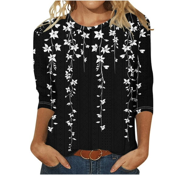 Darzheoy Womens Graphic Loose Round Neck Tops Blouses Mid-Length 3/4 Sleeve Fall Winter Blouse Shirt