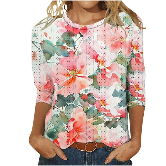 Darzheoy Womens Graphic Loose Round Neck Tops Blouses Mid-Length 3/4 Sleeve Fall Winter Blouse Shirt