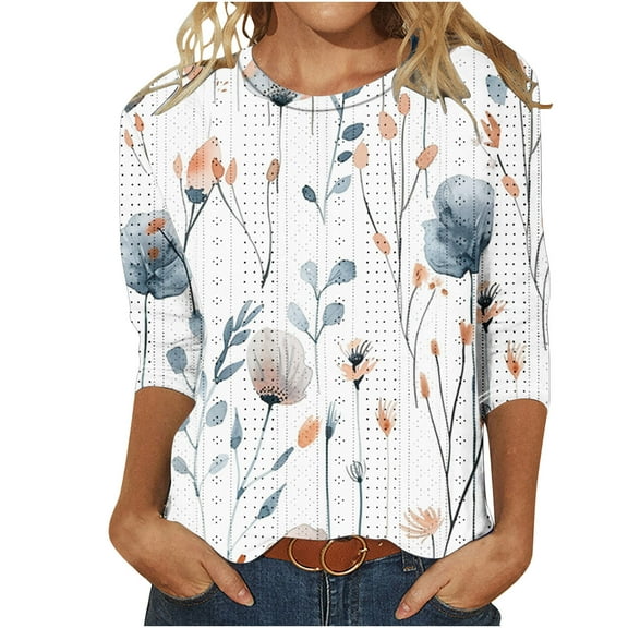 Darzheoy Womens Graphic Loose Round Neck Tops Blouses Mid-Length 3/4 Sleeve Fall Winter Blouse Shirt