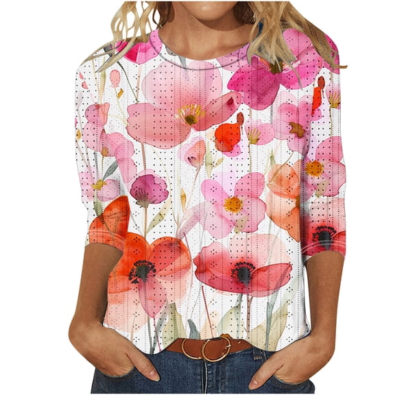 Darzheoy Womens Graphic Loose Round Neck Tops Blouses Mid-Length 3/4 Sleeve Fall Winter Blouse Shirt