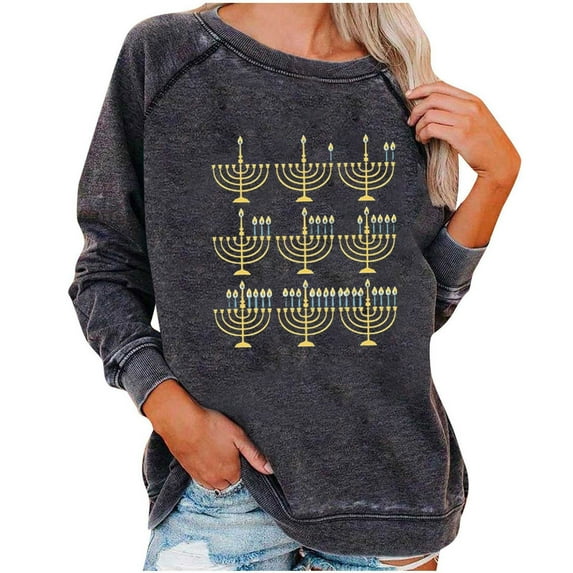 Darzheoy Womens Hanukkah Loose Solid Graphic Fall Winter Printed Long Sleeve Blouse Shirt