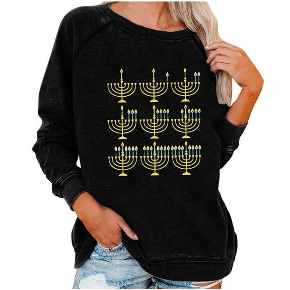Darzheoy Womens Hanukkah Loose Solid Graphic Fall Winter Printed Long Sleeve Blouse Shirt