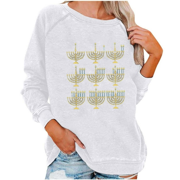 Darzheoy Womens Hanukkah Loose Solid Graphic Fall Winter Printed Long Sleeve Blouse Shirt