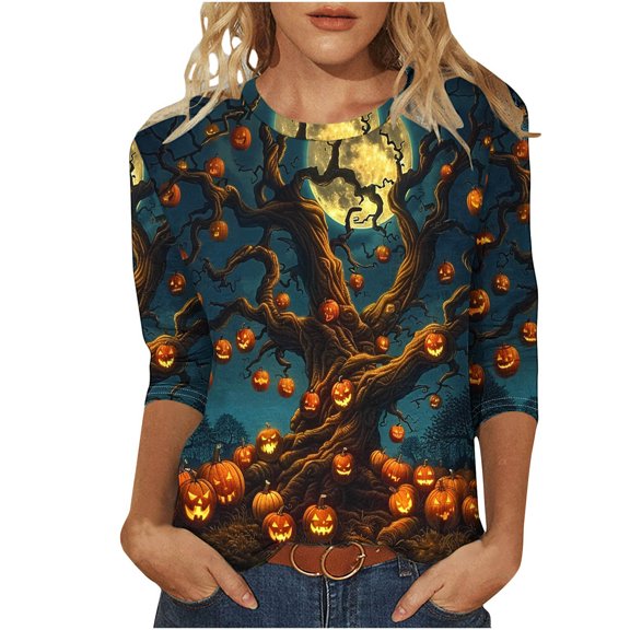 Darzheoy Womens Loose Printed Casual Top Halloween Mid-Length 3/4 Sleeve Graphic Fall Winter Trendy Blouse Shirt