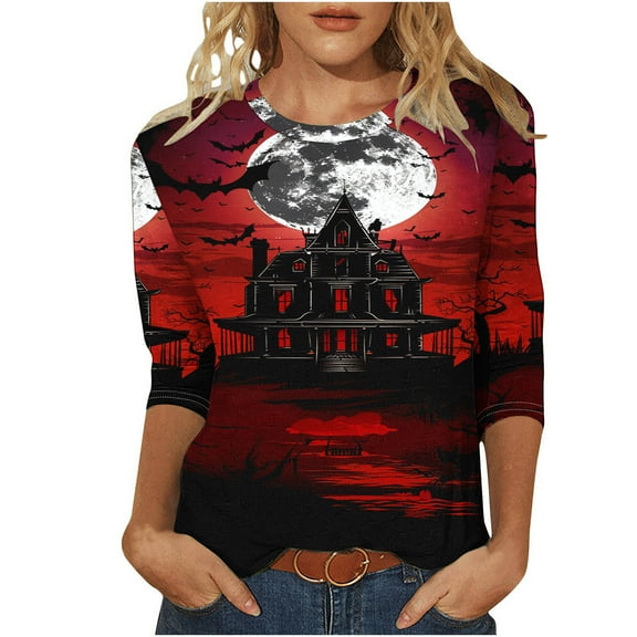 Darzheoy Womens Loose Printed Casual Top Halloween Mid-Length 3/4 Sleeve Graphic Fall Winter Trendy Blouse Shirt