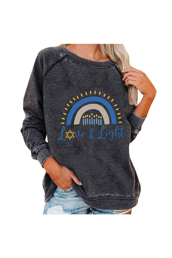 Womens Solid Graphic Tops Hanukkah Loose Long Sleeve Color Block Printed Trendy Drop Shoulder Blouse Shirt