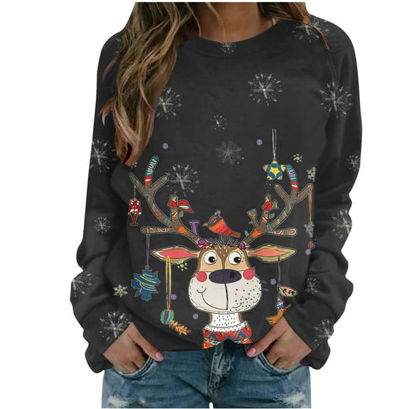 Darzheoy Womens Tops Casual Solid Color Christmas Graphic Pullover Hoodless Printed Sweatshirts Fall Winter Loose Round Neck Fashion Seamless Long Sleeve Blouses