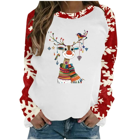 Darzheoy Womens Tops Christmas Fall Winter Printed Comfortable Plus Size Round Neck Sweatshirts Patchwork Drop Shoulder Color Graphic Long Sleeve Pullover Blouses