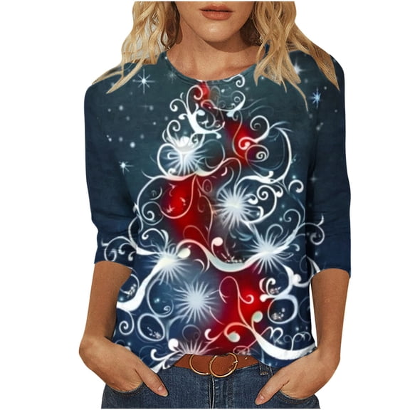Darzheoy Womens Tops Christmas Fall Winter Trendy Loungewear Comfortable Sweatshirts Mid-Length 3/4 Sleeve Pullover Drop Shoulder Round Neck Printed Loose Blouses