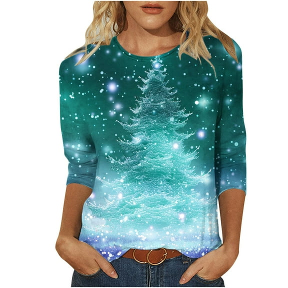 Darzheoy Womens Tops Christmas Fall Winter Trendy Loungewear Comfortable Sweatshirts Mid-Length 3/4 Sleeve Pullover Drop Shoulder Round Neck Printed Loose Blouses