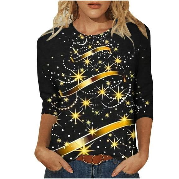 Darzheoy Womens Tops Christmas Fall Winter Trendy Loungewear Comfortable Sweatshirts Mid-Length 3/4 Sleeve Pullover Drop Shoulder Round Neck Printed Loose Blouses